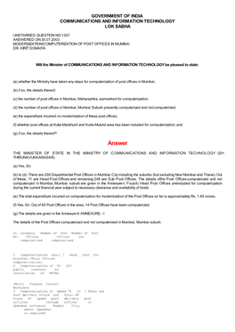 Answered On:30.07.2003 Modernization/Computerization of Post Offices in Mumbai Dr