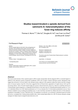 Studies Toward Bivalent Κ Opioids Derived from Salvinorin A: Heteromethylation of the Furan Ring Reduces Affinity