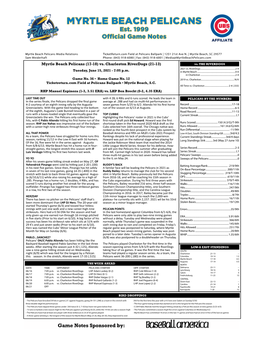 Myrtle Beach Pelicans (17-18) Vs. Charleston Riverdogs (21-13) Vs