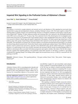 Impaired Wnt Signaling in the Prefrontal Cortex of Alzheimer's