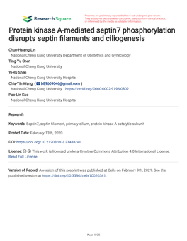 Protein Kinase A-Mediated Septin7 Phosphorylation Disrupts Septin Laments and Ciliogenesis