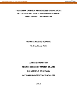 The Roman Catholic Archdiocese of Singapore 1972-2001: an Examination of Its Pragmatic Institutional Development