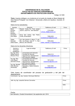 UNIVERSIDAD DE EL SALVADOR FACULTAD DE CIENCIAS AGRONÓMICAS DEPARTAMENTO DE PROTECCIÓN VEGETAL Código: AI-1426
