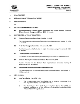 GENERAL COMMITTEE AGENDA Tuesday December 8, 2009 – 9:00 A.M