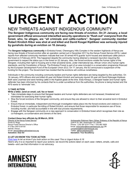 URGENT ACTION NEW THREATS AGAINST INDIGENOUS COMMUNITY the Sengwer Indigenous Community Are Facing New Threats of Eviction