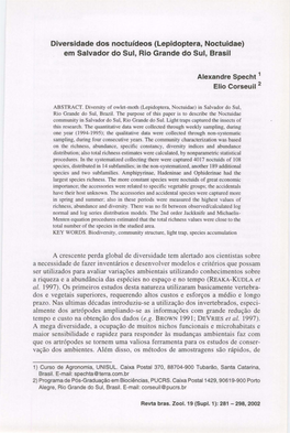 Diversidade Dos Noctuídeos (Lepidoptera, Noctuidae) Em Salvador Do Sul, Rio Grande Do Sul, Brasil
