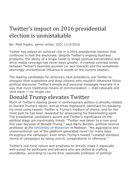 Twitter's Impact on 2016 Presidential Election Is Unmistakable Donald