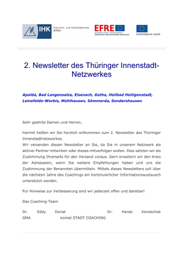 2. Newsletter Des Thüringer Innenstadt- Netzwerkes