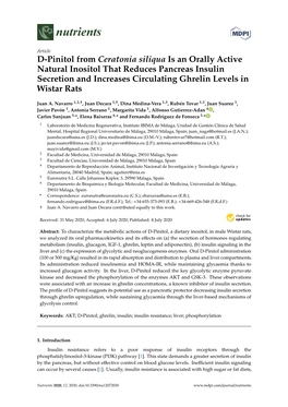 D-Pinitol from Ceratonia Siliqua Is an Orally Active Natural Inositol That Reduces Pancreas Insulin Secretion and Increases Circulating Ghrelin Levels in Wistar Rats