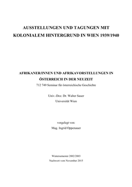 Ausstellungen Und Tagungen Mit Kolonialem Hintergrund in Wien 1939/1940