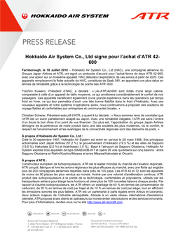 Hokkaido Air System Co., Ltd Signe Pour L'achat D'atr 42