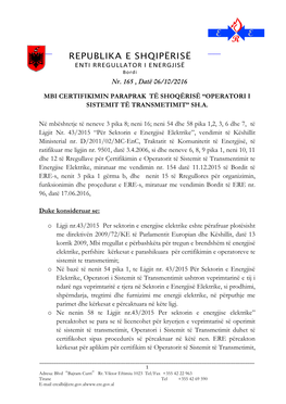 REPUBLIKA E SHQIPËRISË ENTI RREGULLATORVENDIM I ENERGJISË Bordi Nr