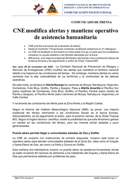 Cnemodifica Alertas Y Mantiene Operativo De Asistencia Humanitaria