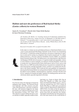 Habitat and Nest Site Preferences of Red-Backed Shrike (Lanius Collurio) in Western Denmark