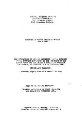 General Subjects Section Fort Benning, Georgia (Personal Experience Or a Battalion S-1) Type of Operation Described: Infantry