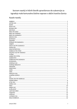 Seznam Naselij in Hišnih Številk Upravičencev Do Subvencije Za Izgradnjo Male Komunalne Čistilne Naprave V Občini Ivančna Gorica