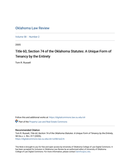 Title 60, Section 74 of the Oklahoma Statutes: a Unique Form of Tenancy by the Entirety