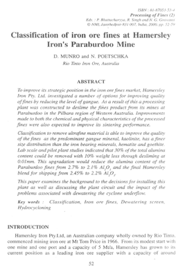 Classification of Iron Ore Fines at Hamerslev Iron's Paraburdoo Mine