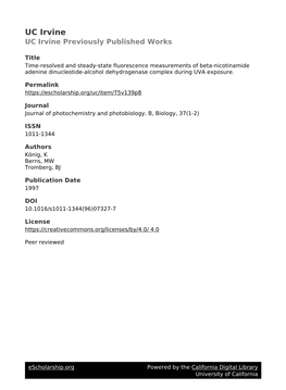 Time-Resolved and Steady-State Fluorescence Measurements of Beta-Nicotinamide Adenine Dinucleotide-Alcohol Dehydrogenase Complex During UVA Exposure