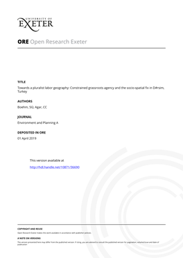 Towards a Pluralist Labor Geography: Constrained Grassroots Agency and the Socio-Spatial ﬁx in D#Rsim, Turkey