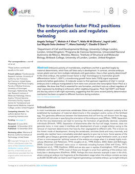 The Transcription Factor Pitx2 Positions the Embryonic Axis and Regulates