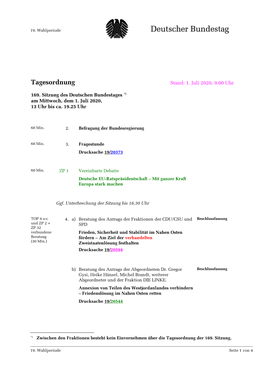 Amtliche Tagesordnung Der 169. Sitzung Des 19. Deutschen