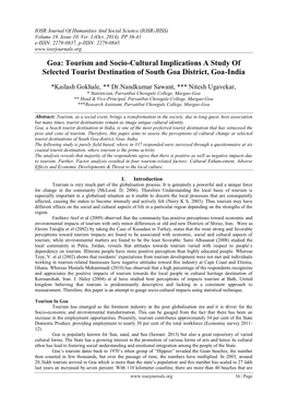 Goa: Tourism and Socio-Cultural Implications a Study of Selected Tourist Destination of South Goa District, Goa-India