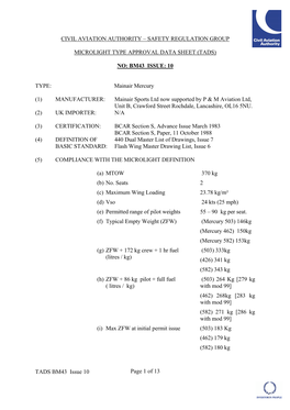 Civil Aviation Authority – Safety Regulation Group Microlight Type Approval Data Sheet (Tads) No: Bm43 Issue: 10 Tads Bm43 I