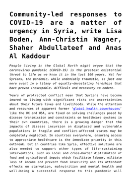 Community-Led Responses to COVID-19 Are a Matter of Urgency in Syria, Write Lisa Boden, Ann-Christin Wagner, Shaher Abdullateef and Anas Al Kaddour