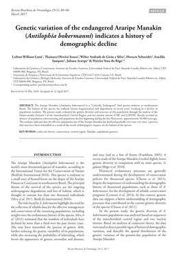 Antilophia Bokermanni) Indicates a History of Demographic Decline