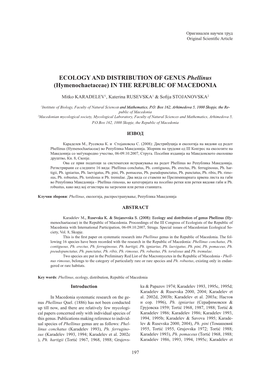 ECOLOGY and DISTRIBUTION of GENUS Phellinus (Hymenochaetaceae) in the REPUBLIC of MACEDONIA