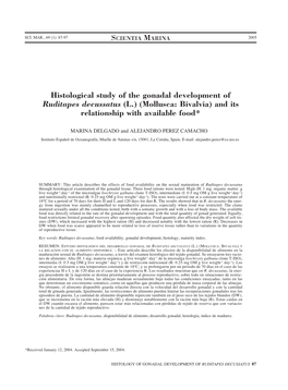 Histological Study of the Gonadal Development of Ruditapes Decussatus (L.) (Mollusca: Bivalvia) and Its Relationship with Available Food*