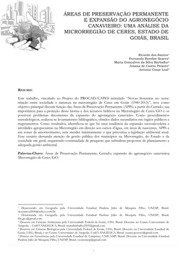 Áreas De Preservação Permanente E Expansão Do Agronegócio Canavieiro: Uma Análise Da Microrregião De Ceres, Estado De Goiás, Brasil