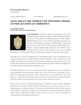 Alan Ball's 1966 World Cup Winner's Medal up For