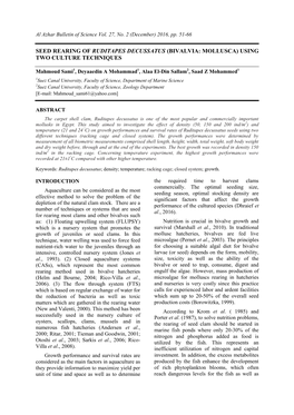 Seed Rearing of Ruditapes Decussatus (Bivalvia: Mollusca) Using Two Culture Techniques