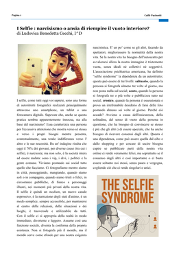 I Selfie : Narcisismo O Ansia Di Riempire Il Vuoto Interiore? Di Ludovica Benedetta Cecchi, I^D