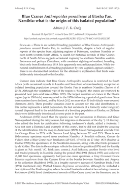 Blue Cranes Anthropoides Paradiseus at Etosha Pan, Namibia: What Is the Origin of This Isolated Population?