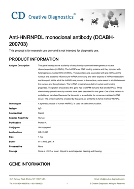 Anti-HNRNPDL Monoclonal Antibody (DCABH- 200703) This Product Is for Research Use Only and Is Not Intended for Diagnostic Use