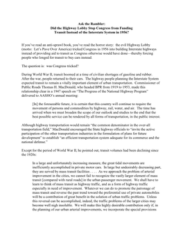 Did the Highway Lobby Stop Congress from Funding Transit Instead of the Interstate System in 1956?