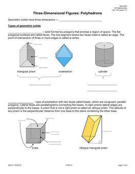 Three-Dimensional Figures Polyhedrons