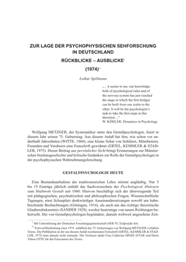 Zur Lage Der Psychophysischen Sehforschung in Deutschland Rückblicke – Ausblicke* (1974)**