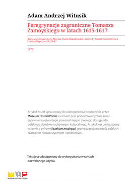 Peregrynacje Zagraniczne Tomasza Zamoyskiego W Latach 1615-1617