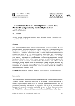 The Taxonomic Status of the Italian Sparrow — Passer Italiae (Vieillot 1817): Speciation by Stabilised Hybridisation? a Critical Analysis