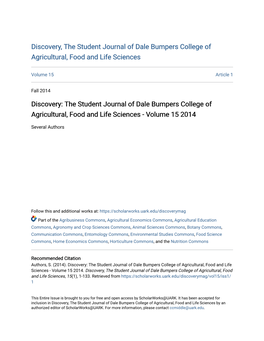 Discovery: the Student Journal of Dale Bumpers College of Agricultural, Food and Life Sciences - Volume 15 2014