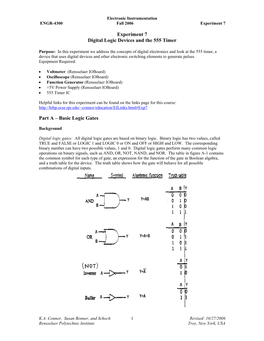 Experiment 7 Digital Logic Devices and the 555 Timer Part a – Basic