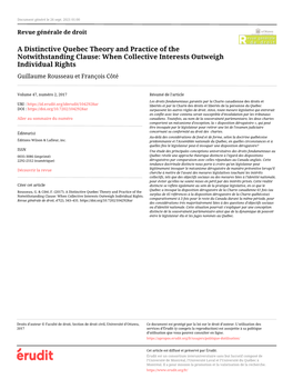 A Distinctive Quebec Theory and Practice of the Notwithstanding Clause: When Collective Interests Outweigh Individual Rights Guillaume Rousseau Et François Côté