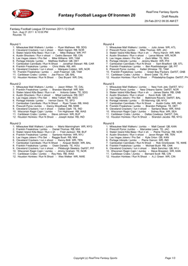 Fantasy Football League of Ironmen 20 Draft Results 29-Feb-2012 09:35 AM ET