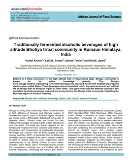 Traditionally Fermented Alcoholic Beverages of High Altitude Bhotiya Tribal Community in Kumaun Himalaya, India