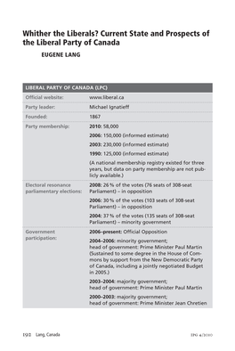 Current State and Prospects of the Liberal Party of Canada EUGENE LANG