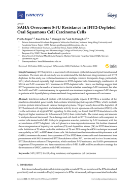 SAHA Overcomes 5-FU Resistance in IFIT2-Depleted Oral Squamous Cell Carcinoma Cells